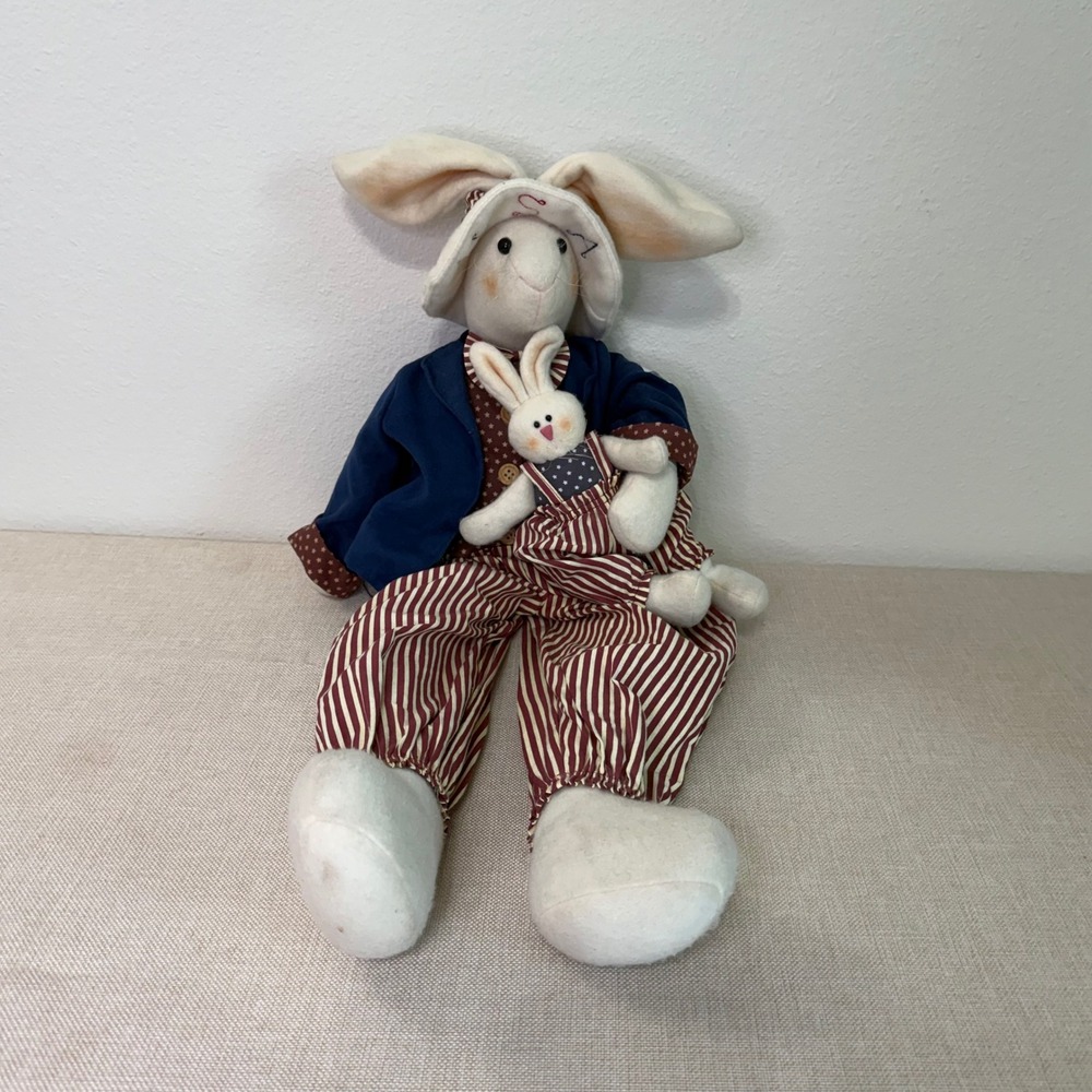 Vintage Primitive Americana Bunny Rabbit Plush Doll Set Country Farmhouse 28"